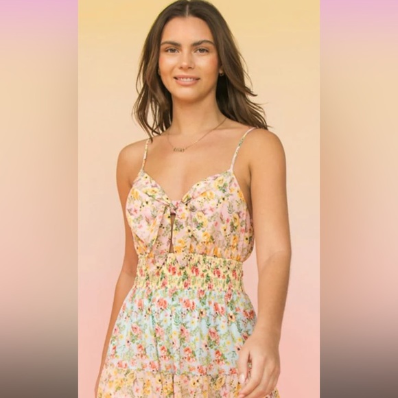 ✨NEW LIST✨ Tiny Flowers Tie Front Pastel Spaghetti Strap Maxi Dress - Picture 4 of 5